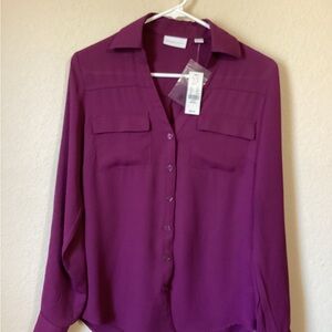 NWT New York & Company Maroon V-Neck Button Down Shirt Size: XS Chiffon Feel